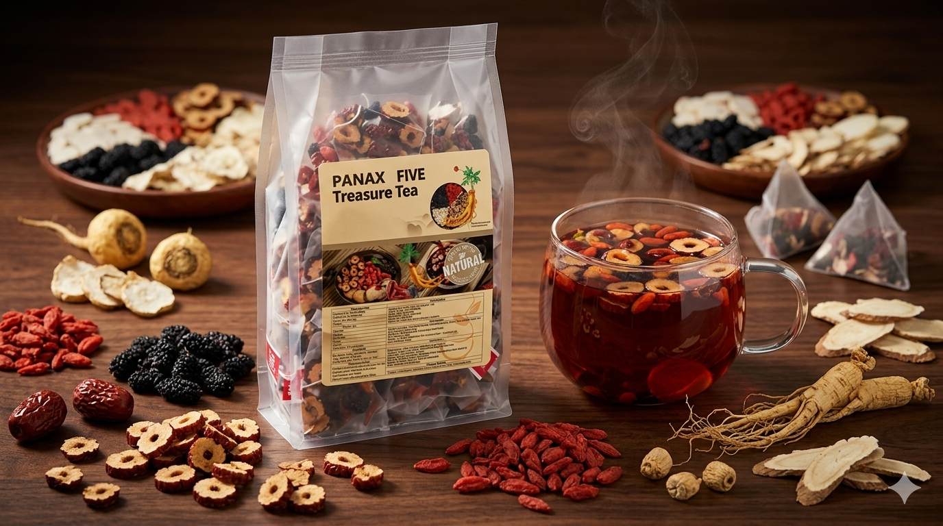 Ginseng Five Treasures Tea product and ingredients